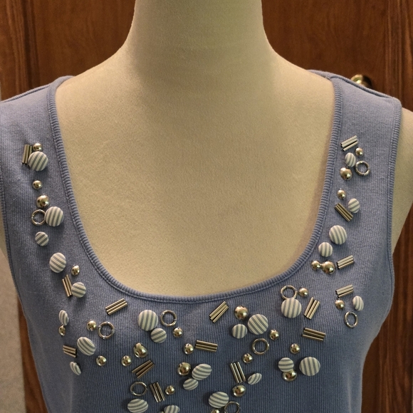 Ruby Rd Embellished Blue Ribbed Stretch Tank Top Scoop Neckline Women's M - Picture 5 of 12